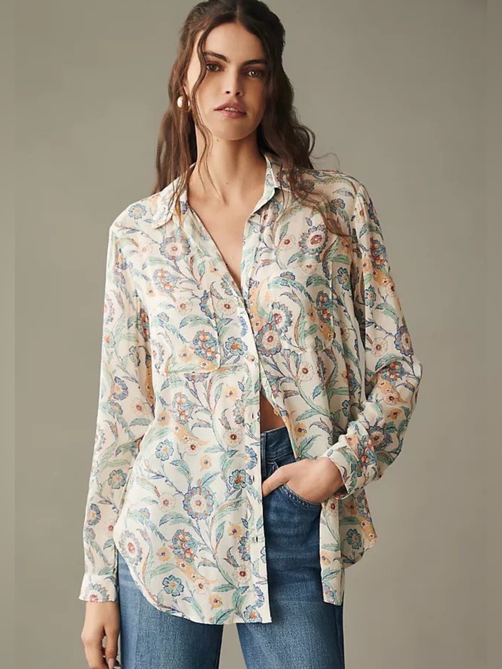 Pilcro Cream Floral Button-Down Shirt with Pastel Blue & Peach Accents